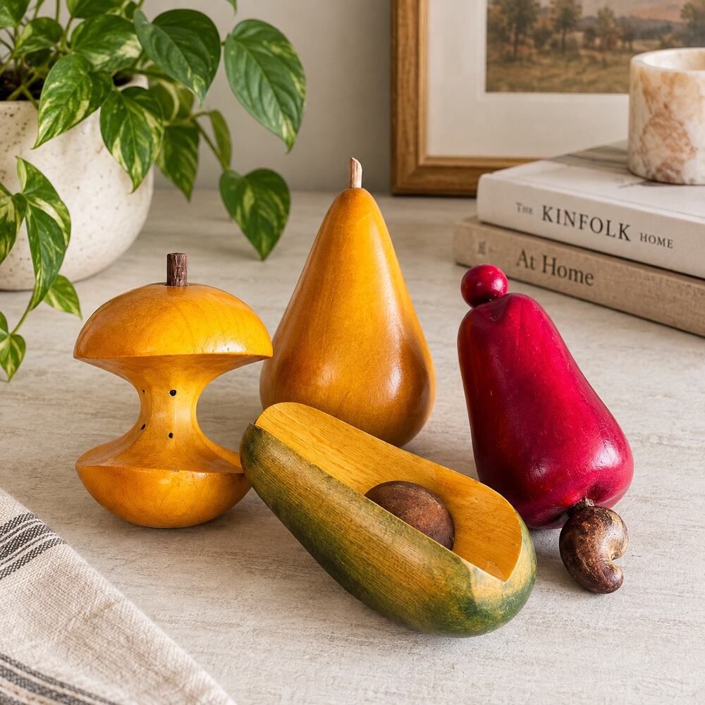 MCM Carved Wooden Fruit Set of 4 Avocado Pear Cashew Apple Core Retro Decor